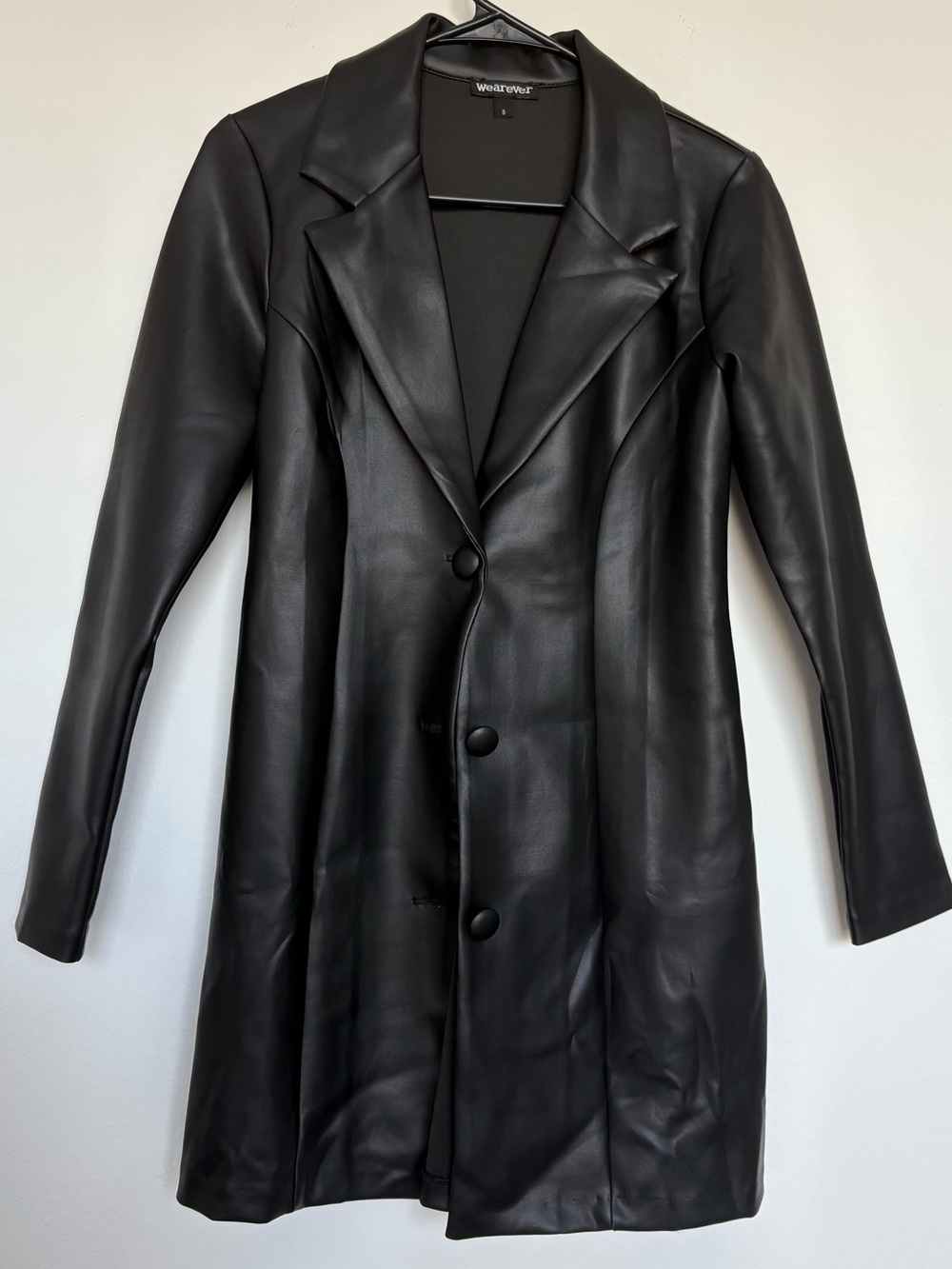 Black Faux Leather Long Coat Blazer